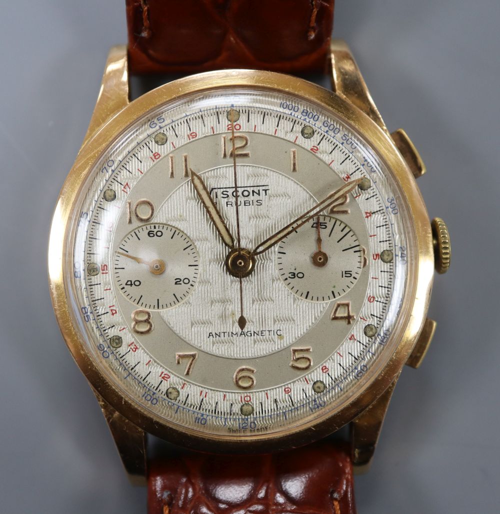 A gentlemans 1950s 18k Viscont chronograph manual wind wrist watch, on later associated leather strap.